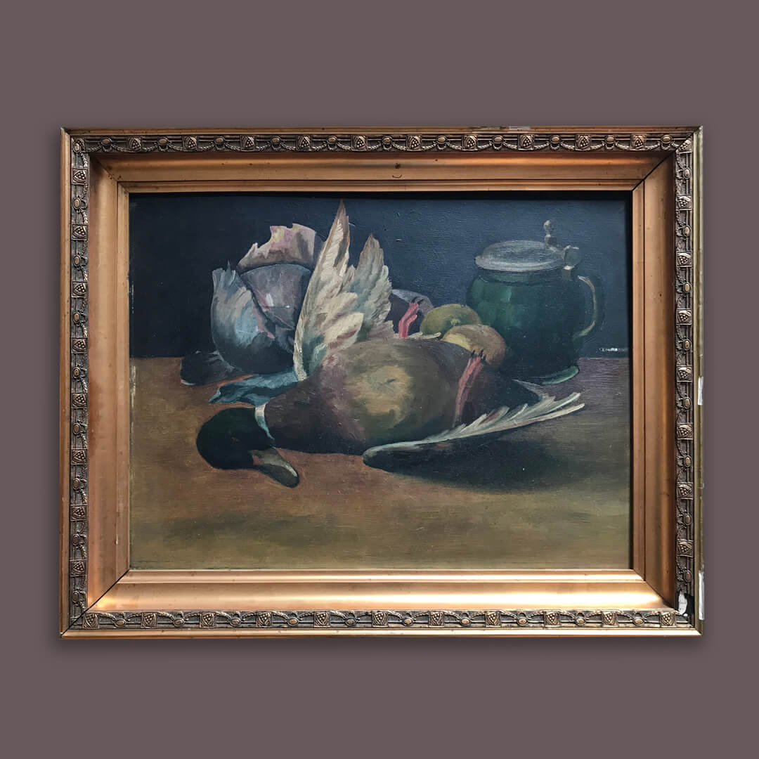 Ölgemälde Stillleben Gemüse und tote Ente