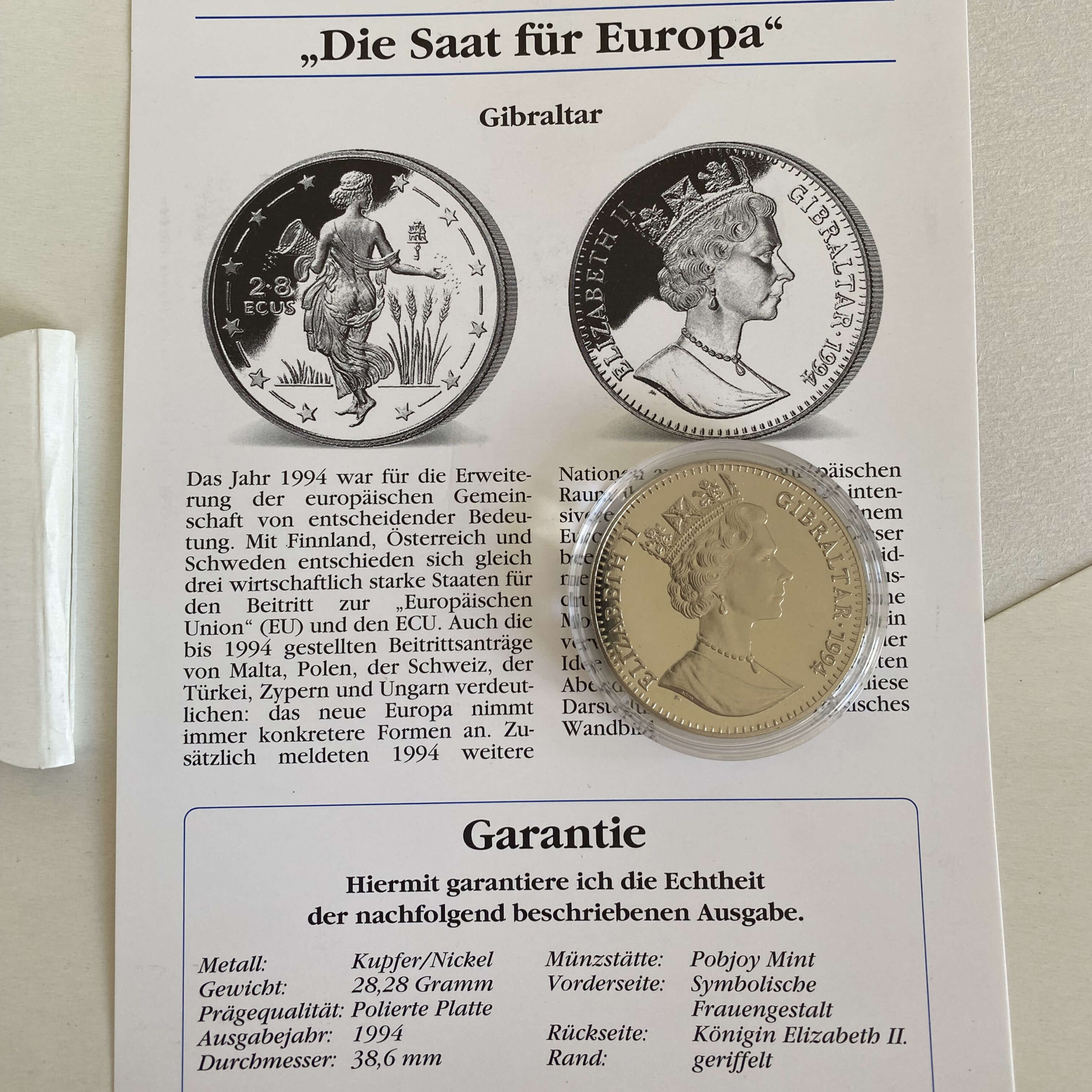 Gedenkprägung - Medaille - Münze: ECU Europa Gibraltar, 1994 – Bild 4
