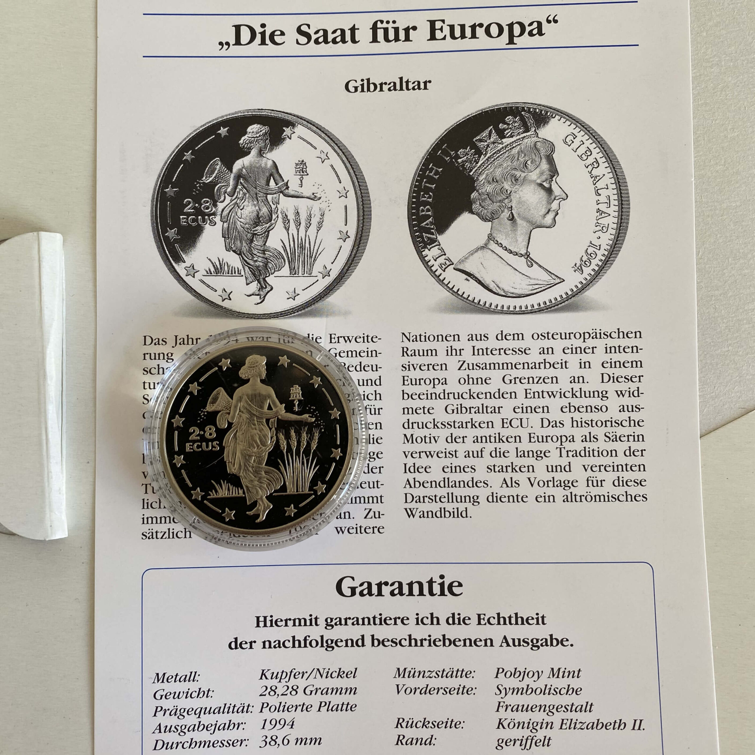 Gedenkprägung - Medaille - Münze: ECU Europa Gibraltar, 1994 – Bild 3
